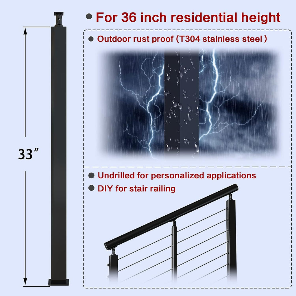 Black Stainless Steel Surface Mount Cable Railing Post 36"x2"x2" 2Pack H305472