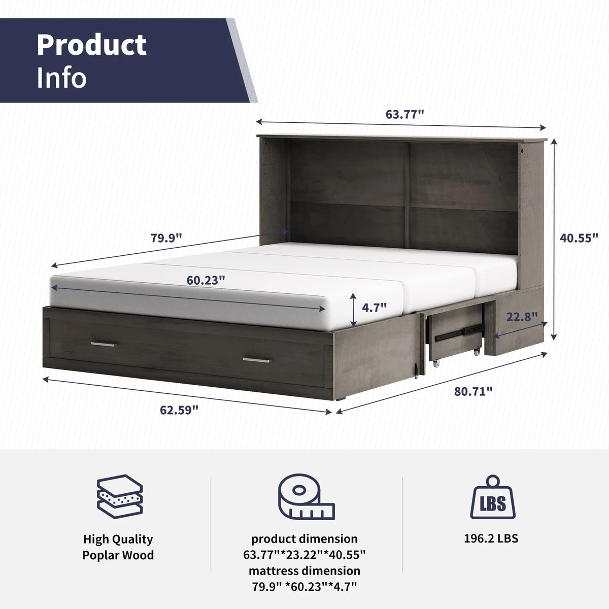 Queen Size Grey Murphy Cabinet Bed with USB Charging Station G61977