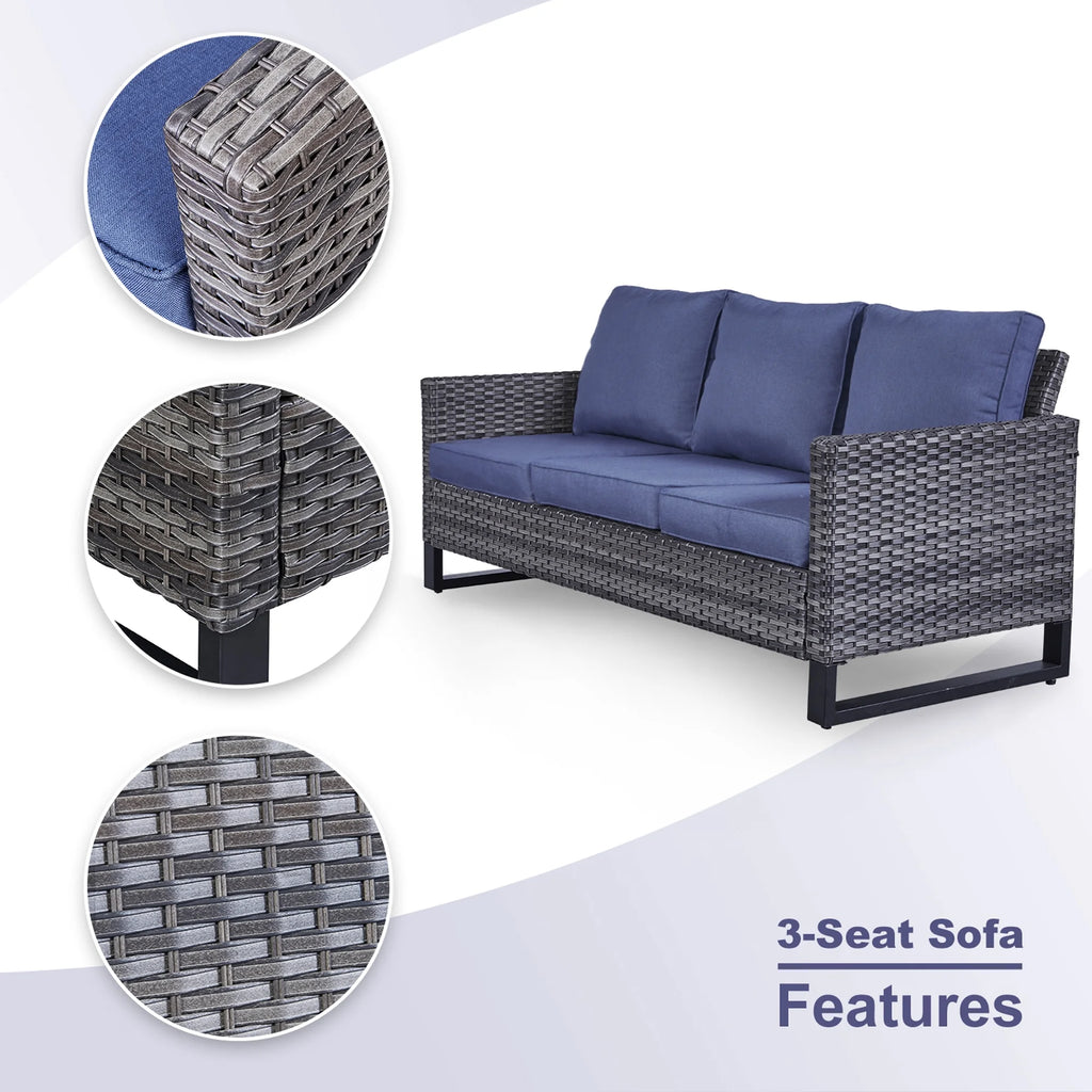 Blue Cushion Rattan Patio Furniture Set with Sofa, Chairs, Coffee Table and Ottomans G435007