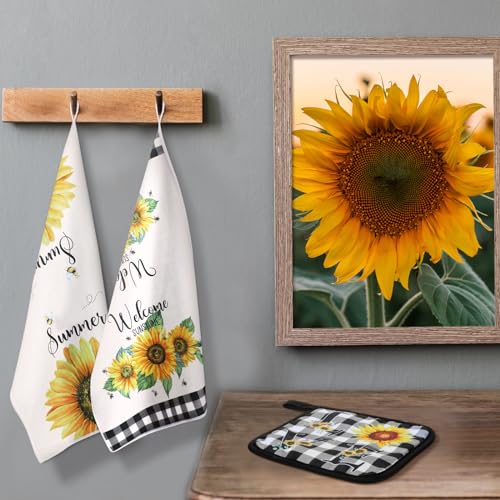 13 Pcs Bee Sunflower Kitchen Decor Set with Wooden Spoons, Kitchen Towels, Apron, Oven Mitts, Pot Holders X51613