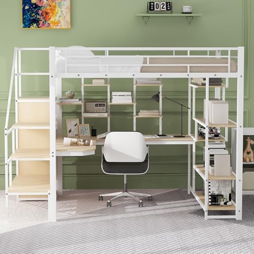 Black Full Size Metal Loft Bed with Storage Staircase and Wardrobe X339