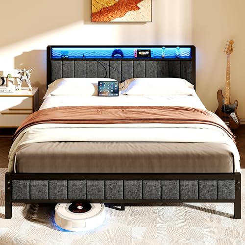 Gray Queen Size Metal Platform Bed Frame with Storage Headboard A7787
