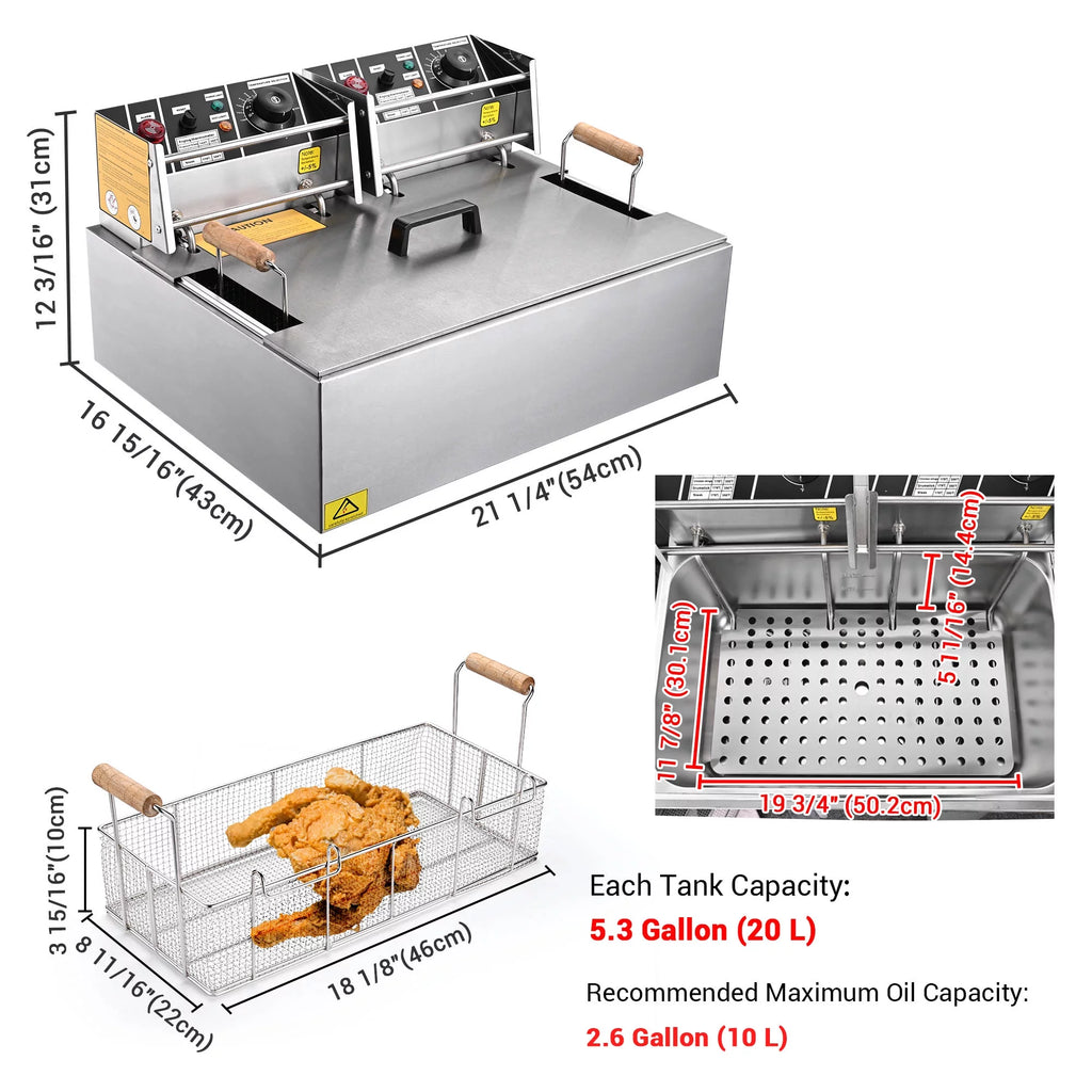 5000W 20L Electric Deep Fryer Stainless Steel Single Large Tank Basket Lid M843011