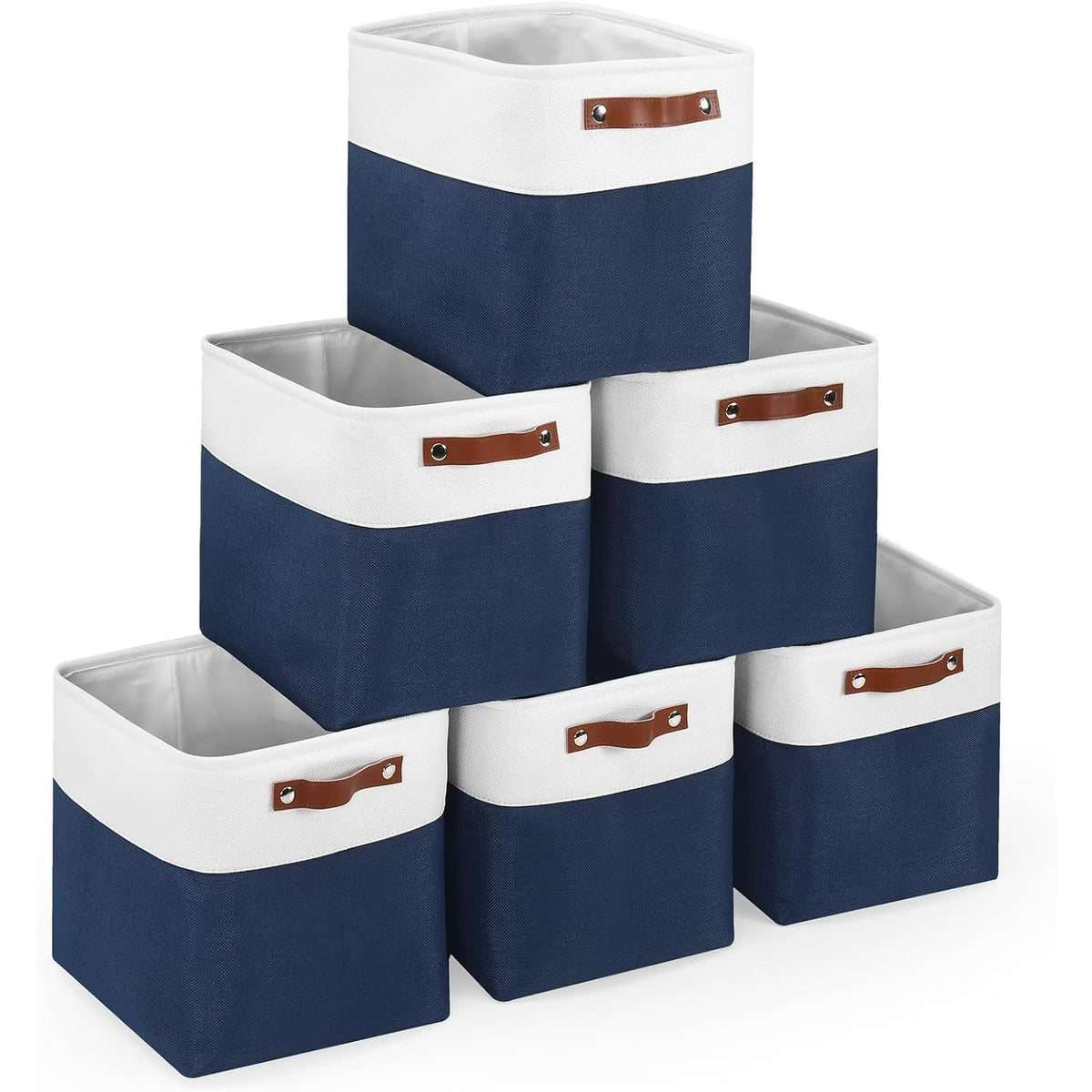 11x11 inch Foldable Cube Storage Bins with Leather Handles (White/ Blue) Z894