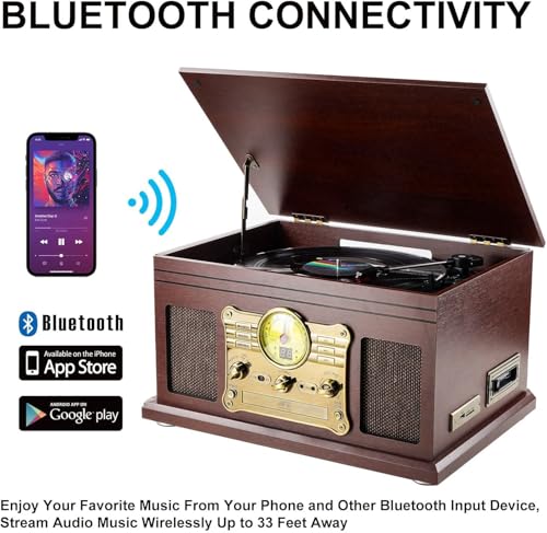 Mahogany Bluetooth Turntable with Speakers E5499