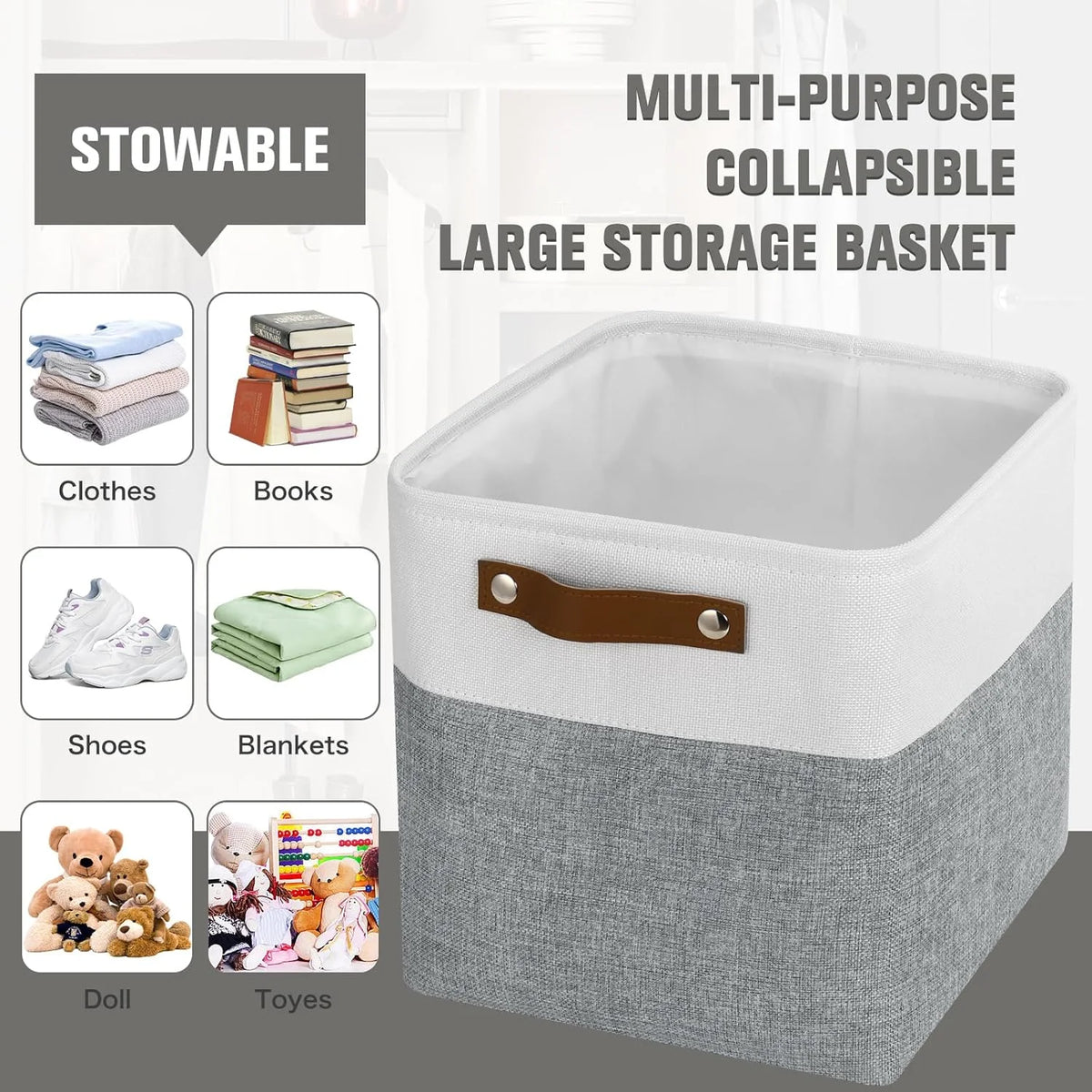 11x11 inch Foldable Cube Storage Bins with Leather Handles (White/ Blue) Z894