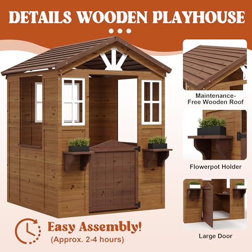 Cedar Wooden Kids Playhouse with Play Kitchen and Vinyl Roof K818792