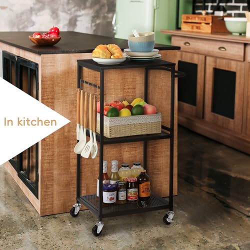 3 Tier Mesh Utility Storage Cart with Wood Look Top and Metal Frame T4655