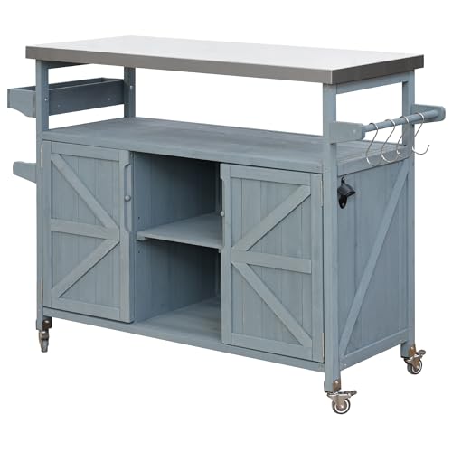 Solid Wood Grill Table with Stainless Steel Top and Internal Storage Racks S11441