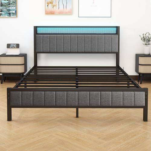 Gray Queen Size Metal Platform Bed Frame with Storage Headboard A7787
