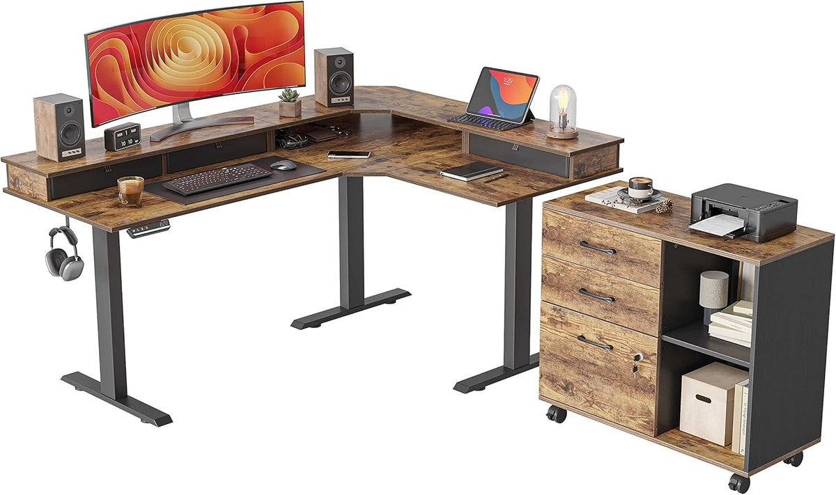 Triple Motor L-Shaped Electric Standing Desk with 3 Drawers, 63 x 24 Inches Rustic Brown Top/Black Frame U808