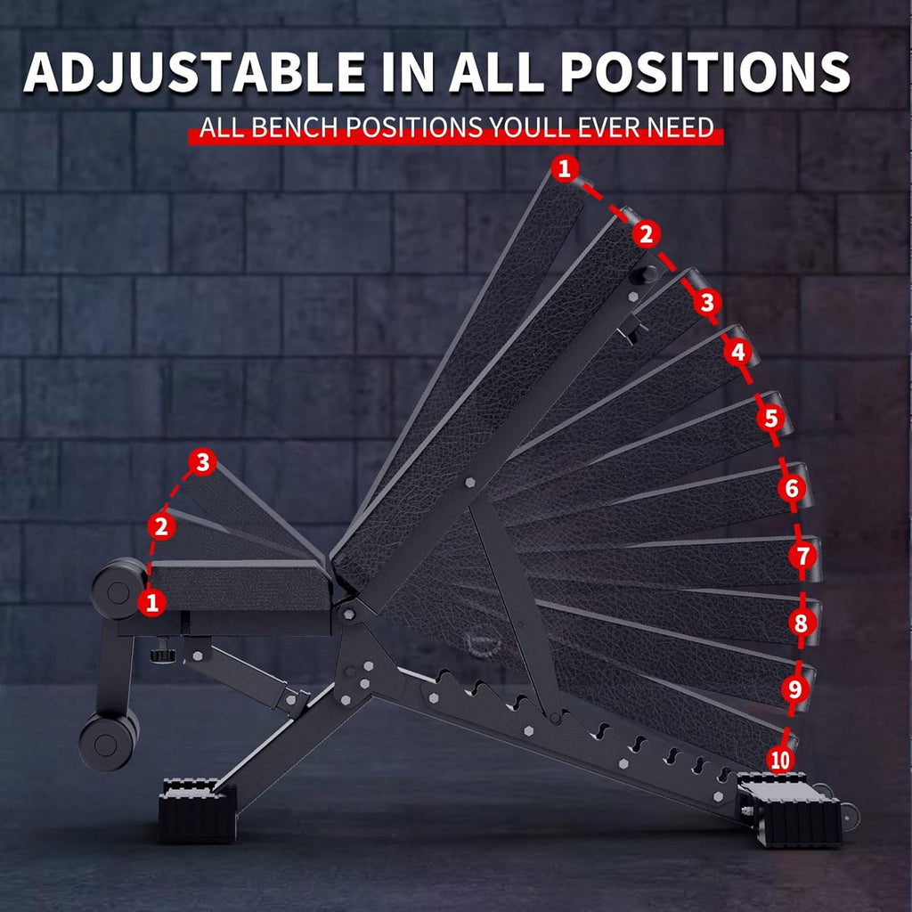 Adjustable Weight Bench, 1100 LB Capacity Heavy-duty Foldable Flat/Incline/Decline Exercise Bench O50919