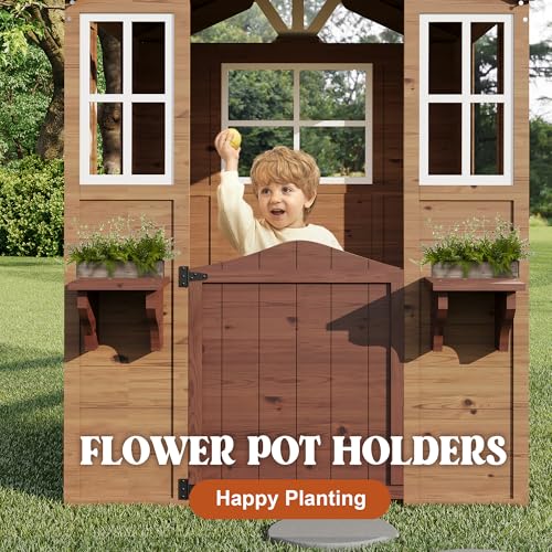 Cedar Wooden Kids Playhouse with Play Kitchen and Vinyl Roof K818792