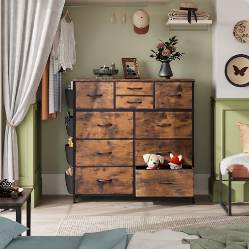 Rustic Brown 10 Drawer Fabric Dresser with Metal Frame L478263