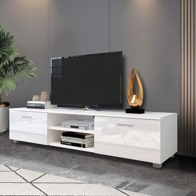 White TV Stand with Storage Cabinet and Open Shelves U973