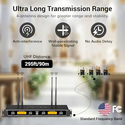 UHF Wireless Microphone System with Headset and Lapel Mics, Bodypack Transmitter, Receiver, 2x15 Channels T415478