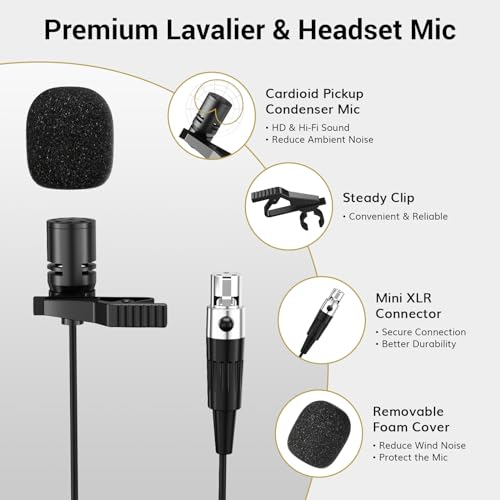 UHF Wireless Microphone System with Headset and Lapel Mics, Bodypack Transmitter, Receiver, 2x15 Channels T415478
