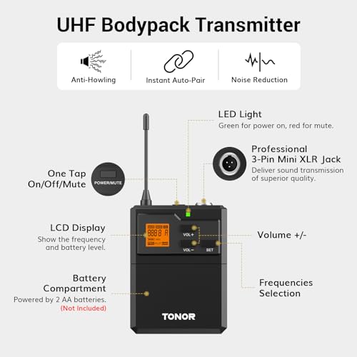 UHF Wireless Microphone System with Headset and Lapel Mics, Bodypack Transmitter, Receiver, 2x15 Channels T415478