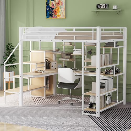 Black Full Size Metal Loft Bed with Storage Staircase and Wardrobe X339