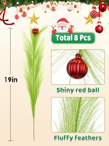 8Pcs Lime Green Fluffy Curly Christmas Tree Picks Decorations with Red Ball A8388
