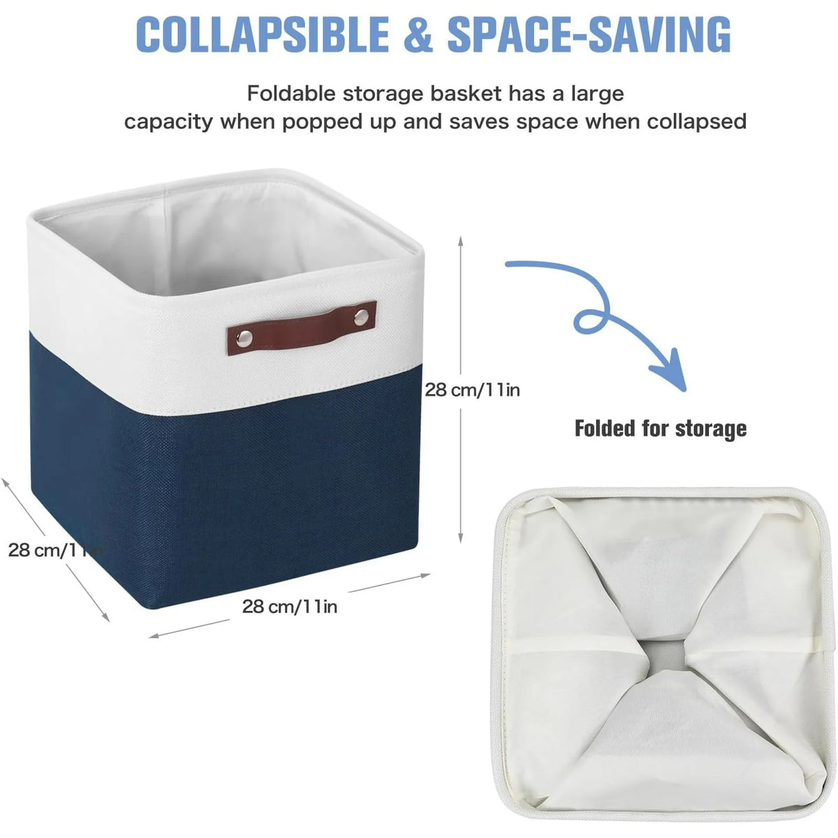 11x11 inch Foldable Cube Storage Bins with Leather Handles (White/ Blue) Z894