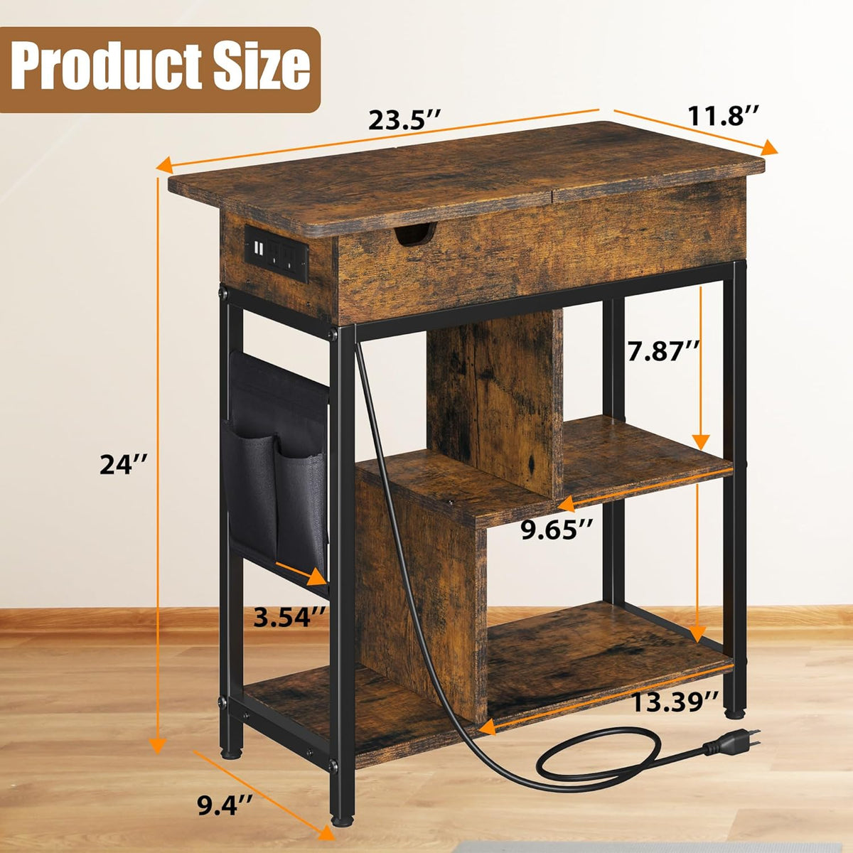 Side Table with Charging Station, Flip Top End Table with USB Ports and Outlets M1117