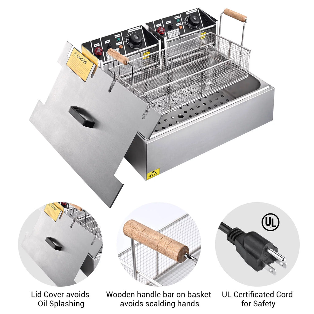 5000W 20L Electric Deep Fryer Stainless Steel Single Large Tank Basket Lid M843011