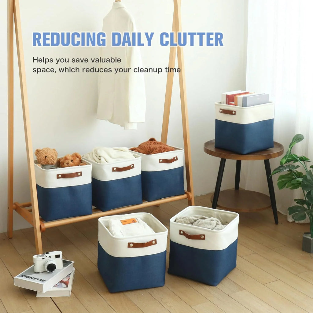 11x11 inch Foldable Cube Storage Bins with Leather Handles (White/ Blue) Z894