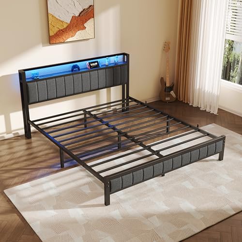 Gray Queen Size Metal Platform Bed Frame with Storage Headboard A7787