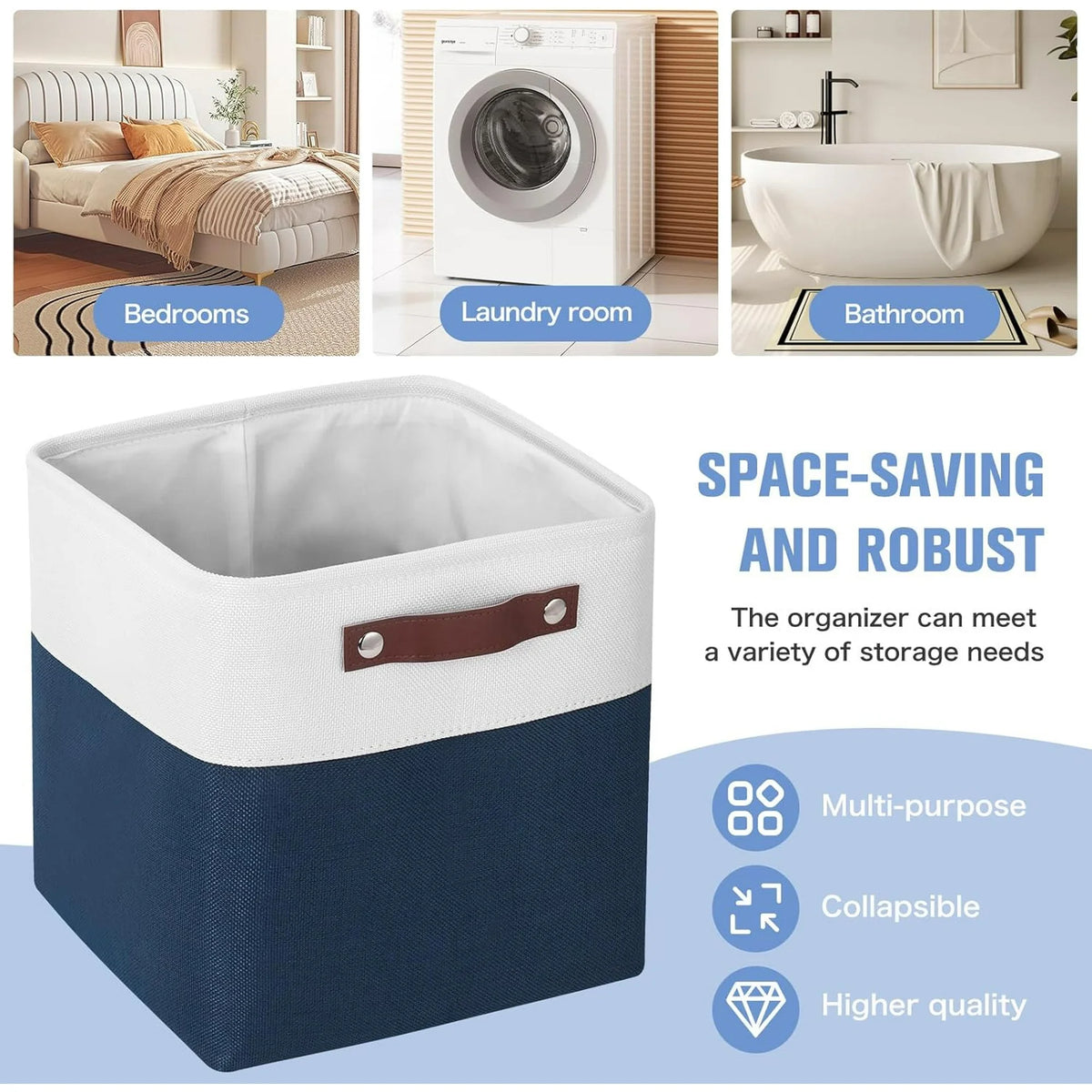 11x11 inch Foldable Cube Storage Bins with Leather Handles (White/ Blue) Z894