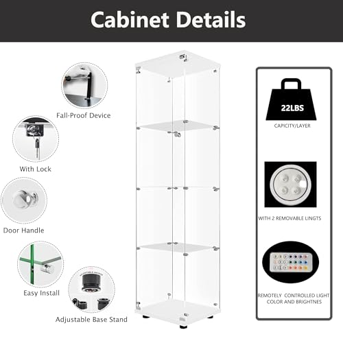 4-Tier Glass Display Cabinet with Metal Lock, 5mm Tempered Glass, 16.7" W x 14.3" D x 64.5" H M3599