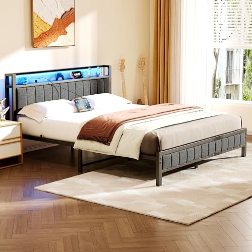 Gray Queen Size Metal Platform Bed Frame with Storage Headboard A7787