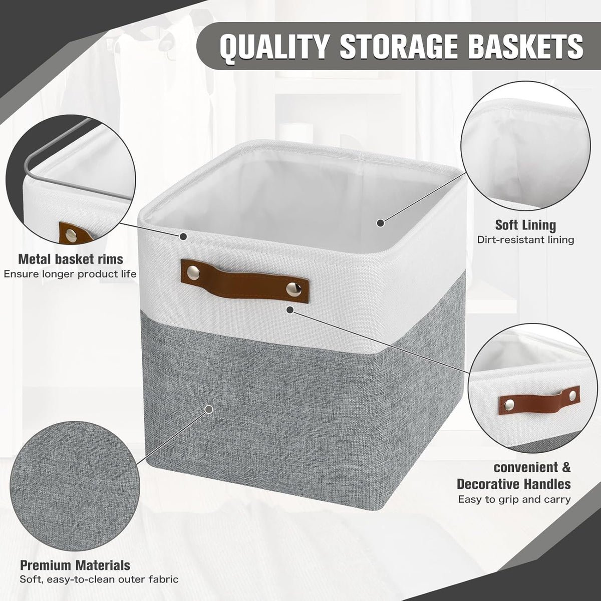 11x11 inch Foldable Cube Storage Bins with Leather Handles (White/ Blue) Z894
