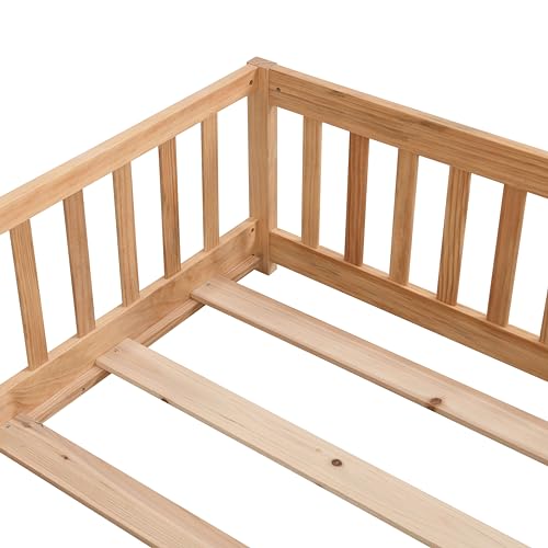 Gray Solid Wood Twin Size Floor Bed with Rails and Slats B465