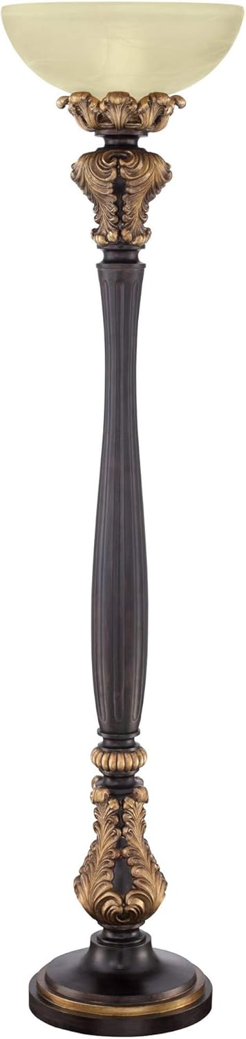 Tall Carved Wood Amber Glass Torchiere Floor Lamp M95527