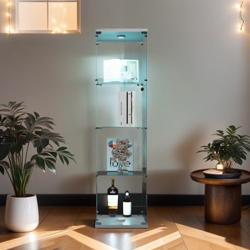 4-Tier Glass Display Cabinet with Metal Lock, 5mm Tempered Glass, 16.7" W x 14.3" D x 64.5" H M3599