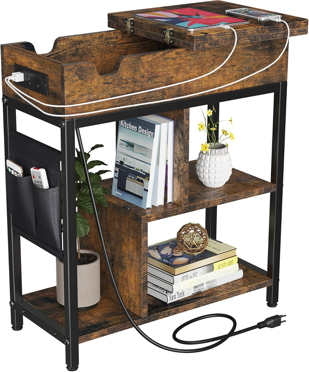 Side Table with Charging Station, Flip Top End Table with USB Ports and Outlets M1117
