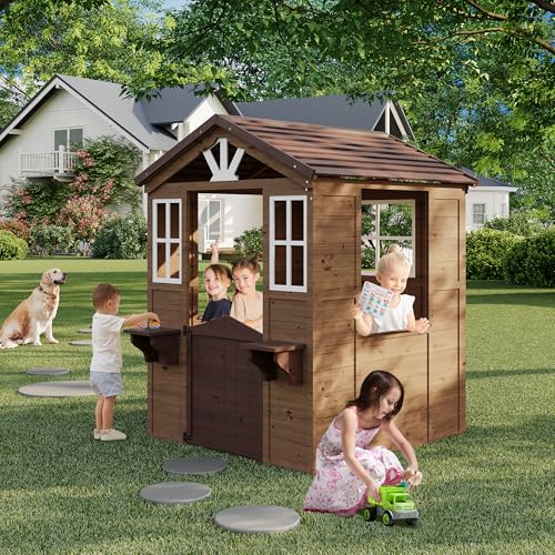Cedar Wooden Kids Playhouse with Play Kitchen and Vinyl Roof K818792