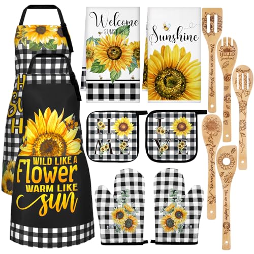 13 Pcs Bee Sunflower Kitchen Decor Set with Wooden Spoons, Kitchen Towels, Apron, Oven Mitts, Pot Holders X51613