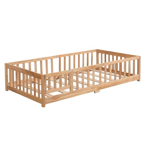 Gray Solid Wood Twin Size Floor Bed with Rails and Slats B465