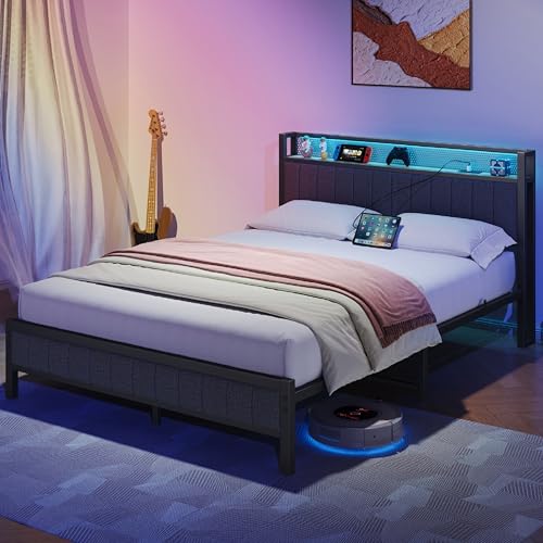 Gray Queen Size Metal Platform Bed Frame with Storage Headboard A7787