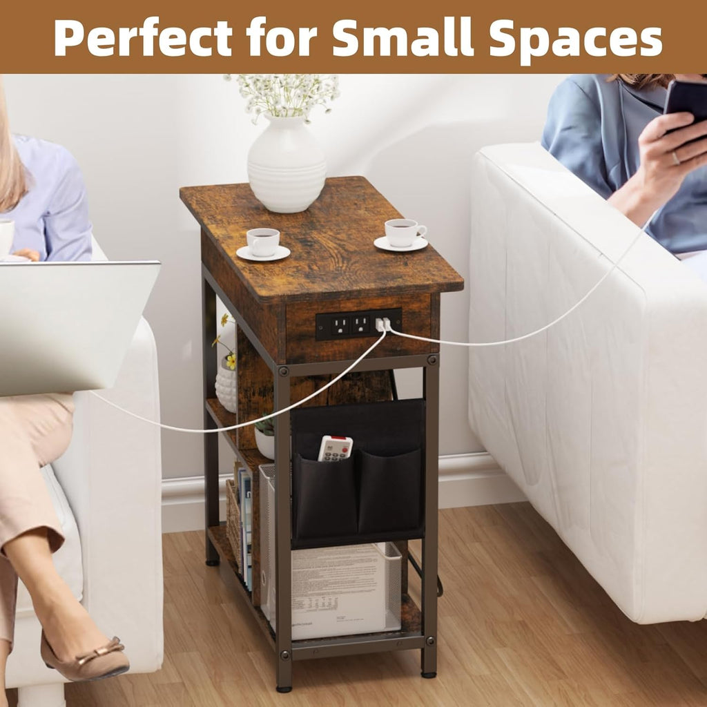 Side Table with Charging Station, Flip Top End Table with USB Ports and Outlets M1117