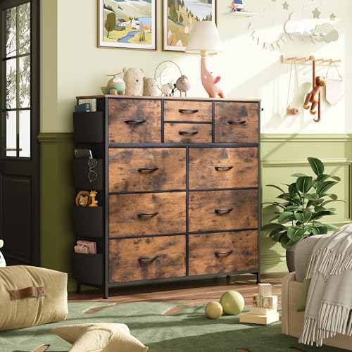 Rustic Brown 10 Drawer Fabric Dresser with Metal Frame L478263