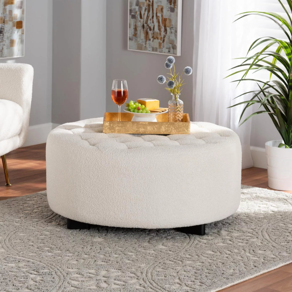 Ivory Boucle Upholstered Black Wood Round Ottoman E9393