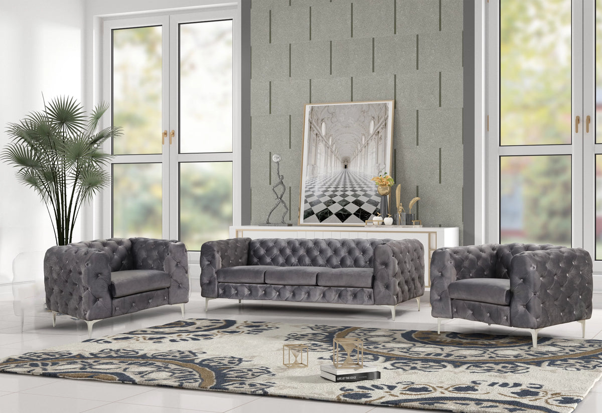 3 Pieces Gray Velvet Sofa and 2 Armchairs R42007