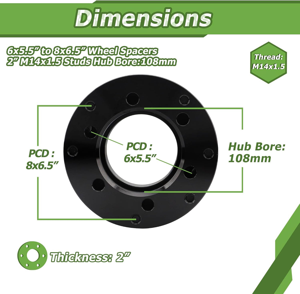 6x139.7mm to 8x165.1mm Wheel Adapters 2 inch 108mm Hub Bore 14x1.5 Thread Pitch U902875