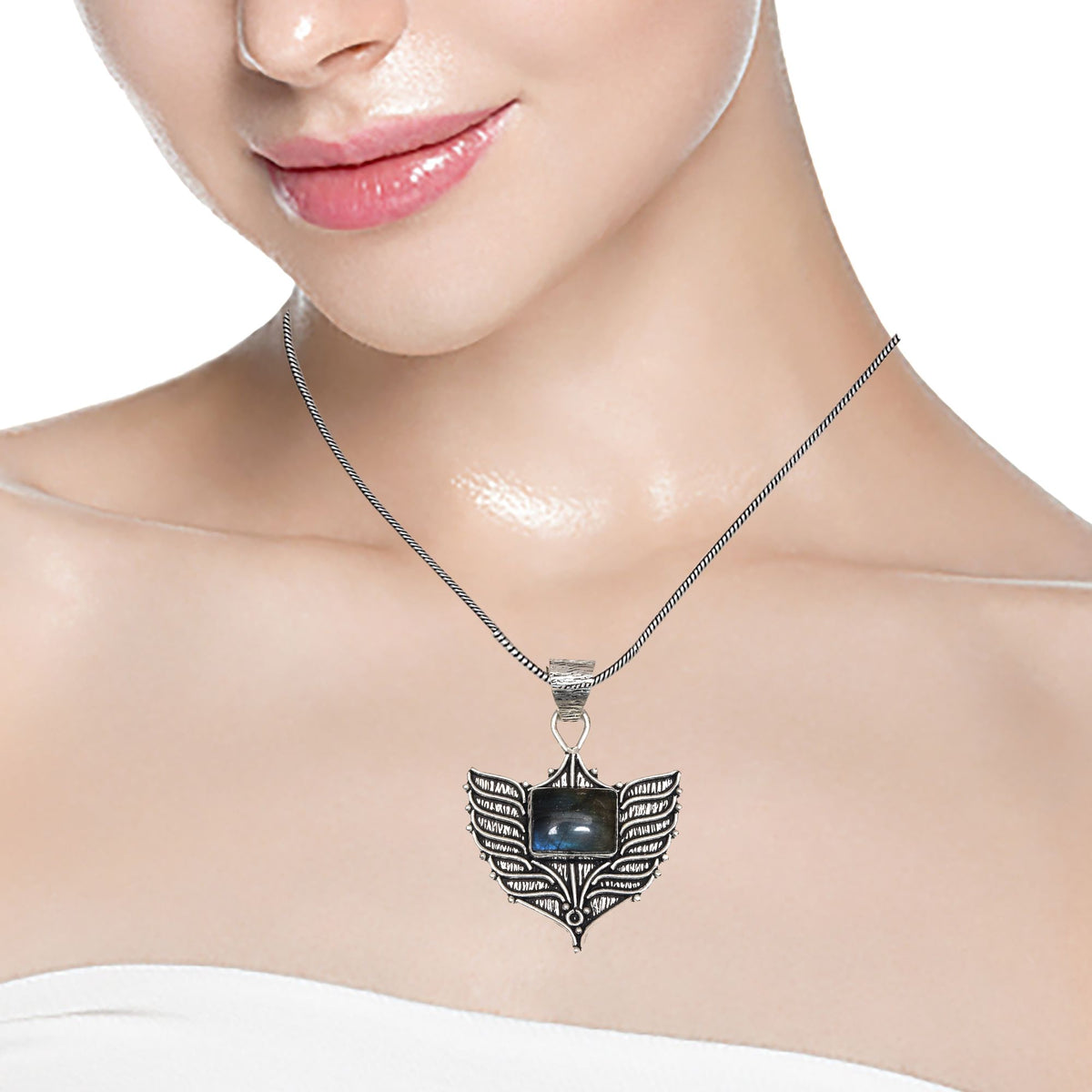 Silver 925 Sterling Garnet Gemstone Necklace Labradorite Jewelry Handmade B858
