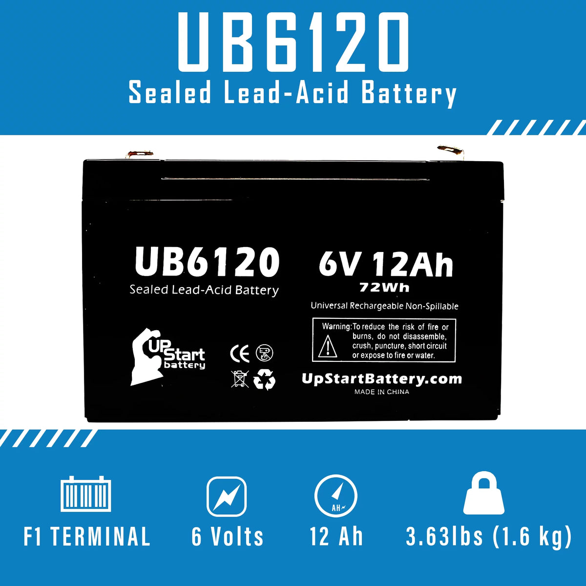 6V 12Ah Sealed Lead Acid Battery with F1 to F2 Terminal Adapters Y1210