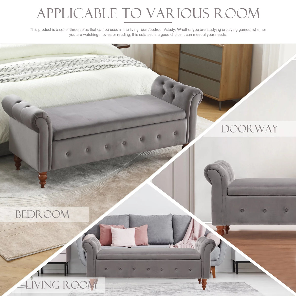 Gray Velvet Upholstered Storage Bench with Arms C91648