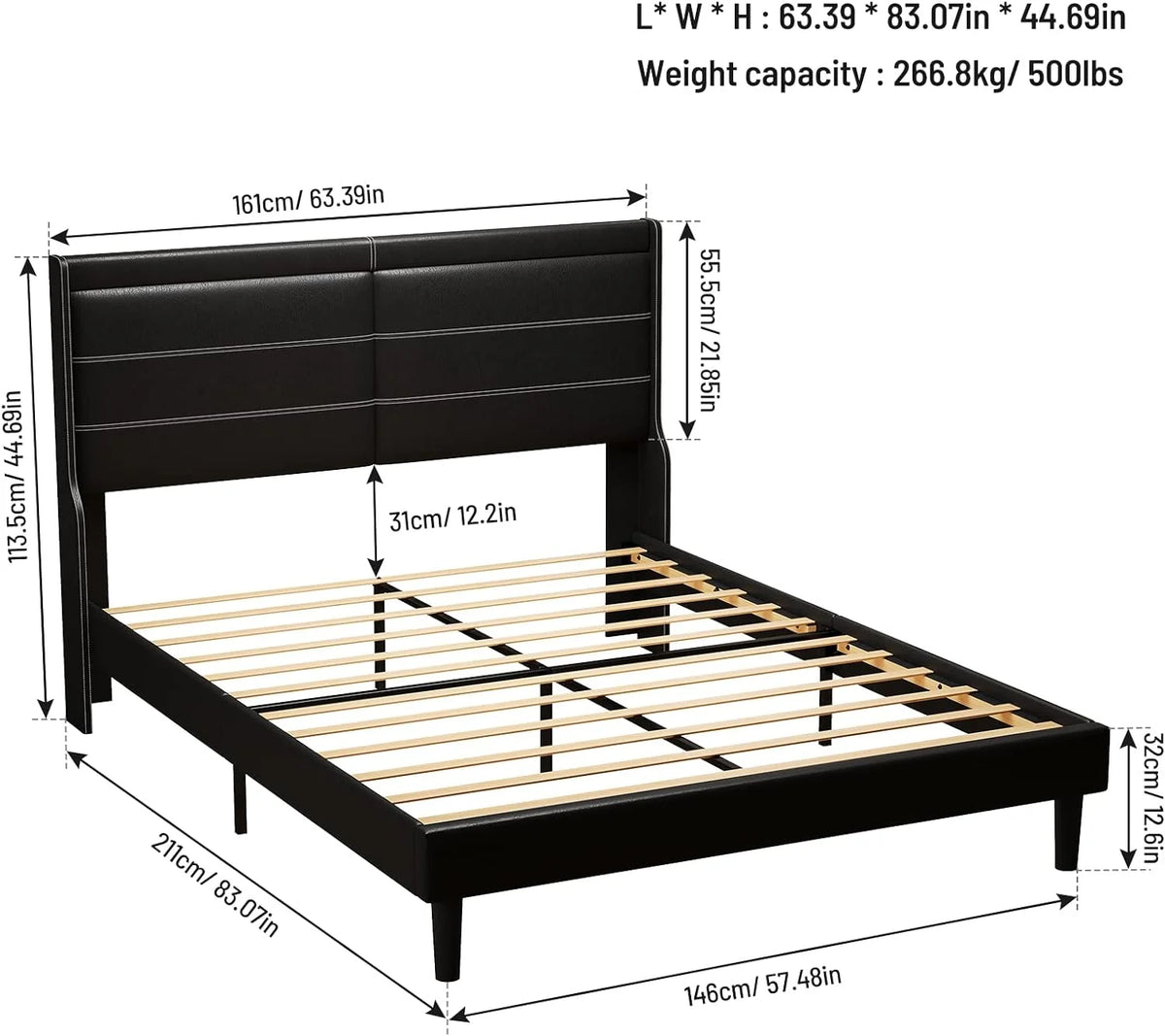 Antique Black PU Leather Upholstered LED Queen Size Platform Bed Frame W98874